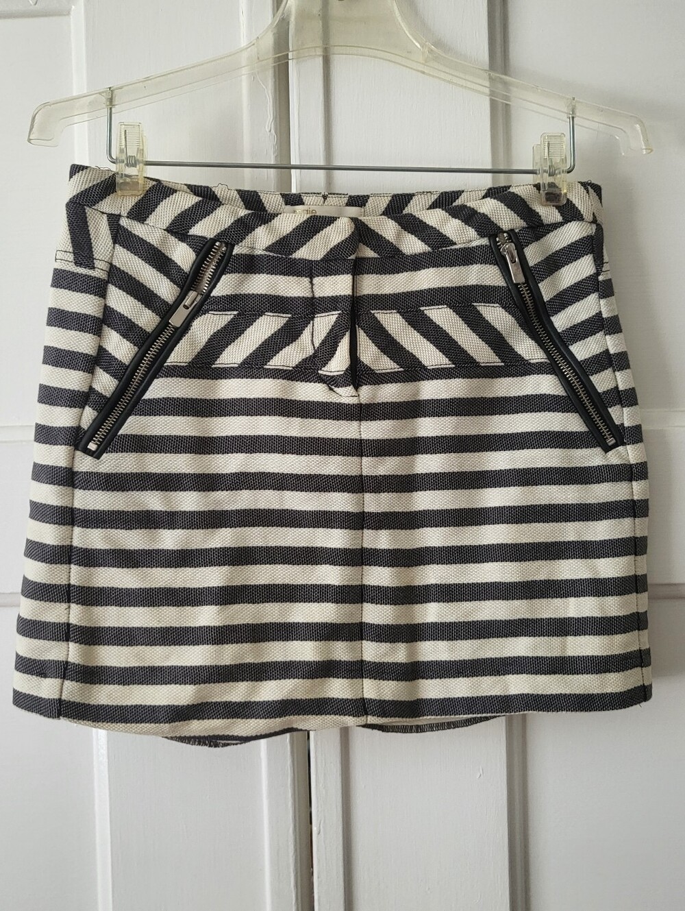 Maje Black And White Striped Cotton Mini Skirt Leather Zippered Pocket Size 36 S